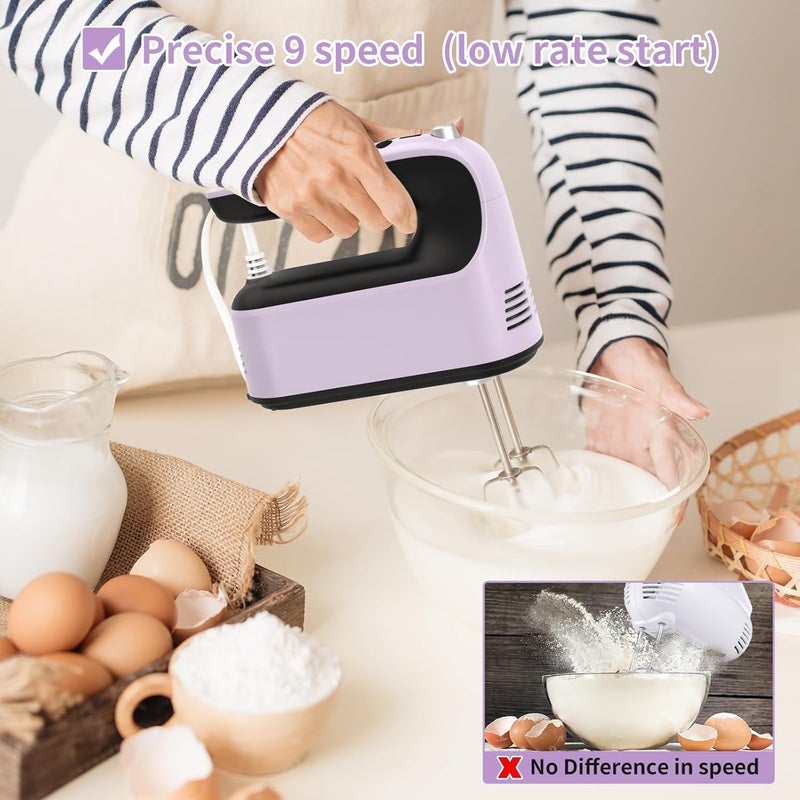 Yomelo 9-Speed Digital Hand Mixer Electric, 400W Powerful DC Motor, Hand Mixer Electric Handheld with Snap-On Storage Case, 5 Stainless Steel Accessories, Beaters, Dough Hooks, Whisk(Purple/Black) - Image 4